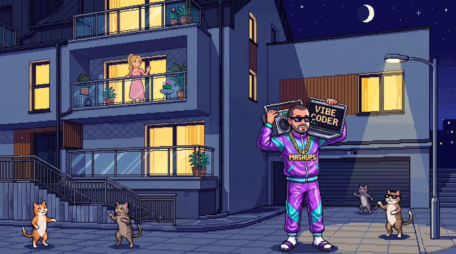 Pixelowa nocna scena przed blokiem: raper w fioletowym dresie z boomboxem i laptopem z napisem Vibe Coder, tańczące koty, na balkonie macha blondynka